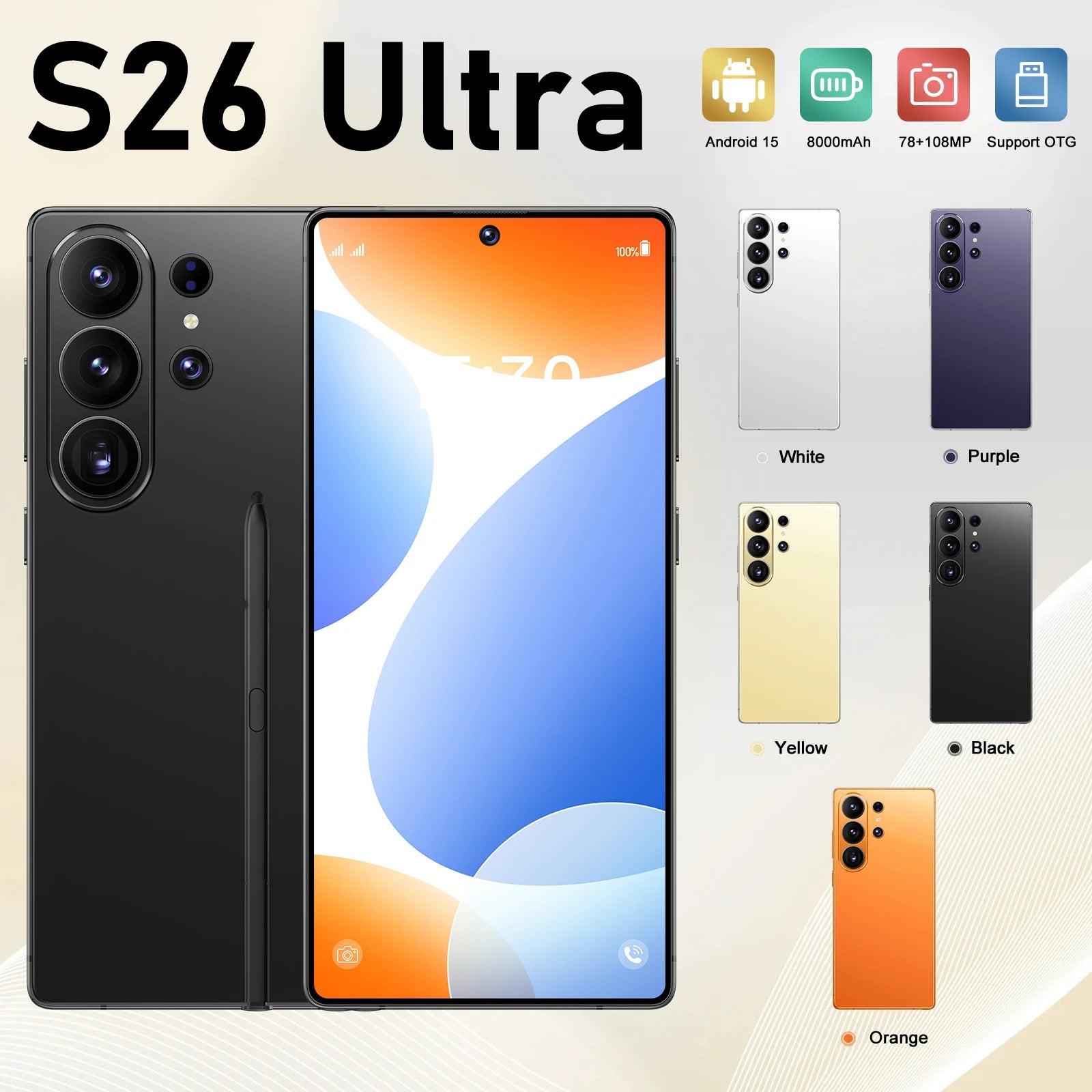 2026 New Global Version 5g Smartphone S26 Ultra 22G+2TB Android15 Gaming Phone HD Screen LTE Dual-SIM Built-in Pen Mobile Phones
