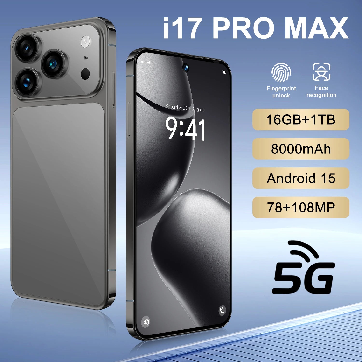 I17 Pro Max 5G Smartphone 16GB+1TB Flash Memory Metal Internal Frame 78MP Front Camera 108MP HD Rear Camera Face Unlock French