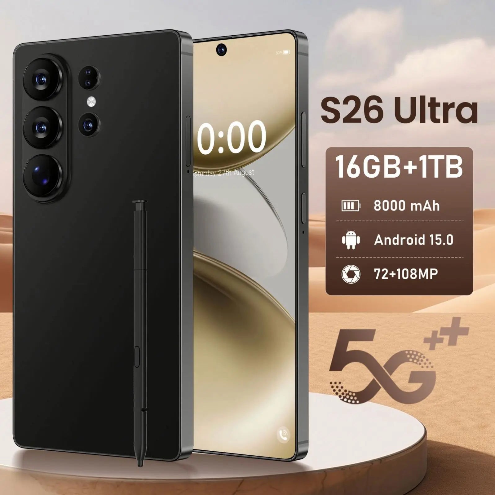 Original New S26 Ultra Smart 5G Smartphone 16GB+1TB Storage Android 15 7.3 Inch HD Screen Unlocked 4G+5G Connectivity 108MP Rear