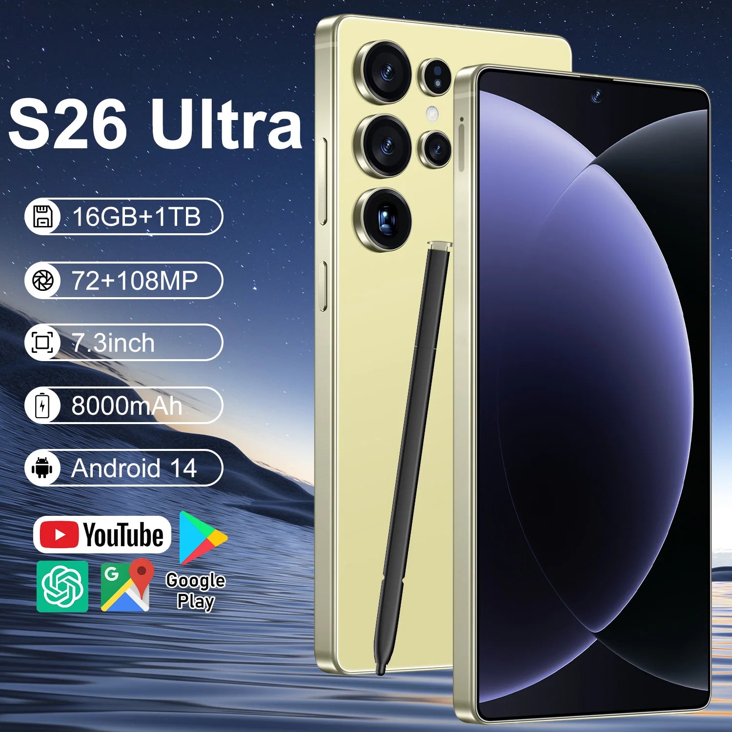 High Quality S26 Ultra 10-Core 5G Smartphone 16GB+1TB 7.3 Inch HD OLED 120Hz Screen Android 14 108MP Rear Camera Spanish 100W
