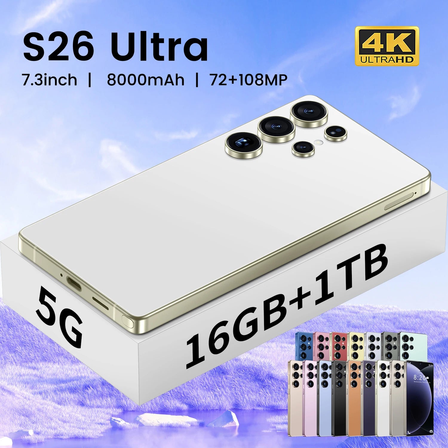 Hot Selling Android 14 S26 ultra Gaming Smartphone 16GB+1TB 7.3inch HD Screen 3G4G5G Compatible High Quality
