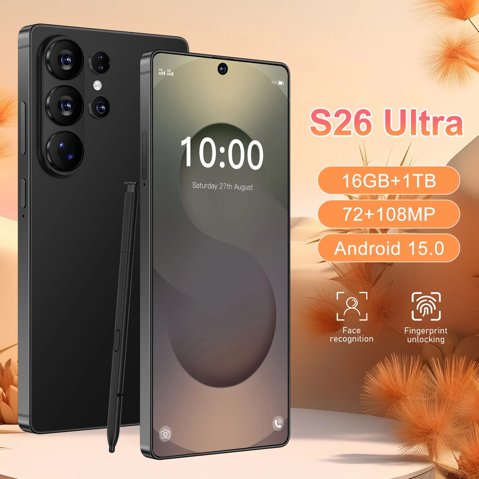 Original New S26 Ultra Smart 5G Smartphone 16GB+1TB Storage Android 15 7.3 Inch HD Screen Unlocked 4G+5G Connectivity 108MP Rear