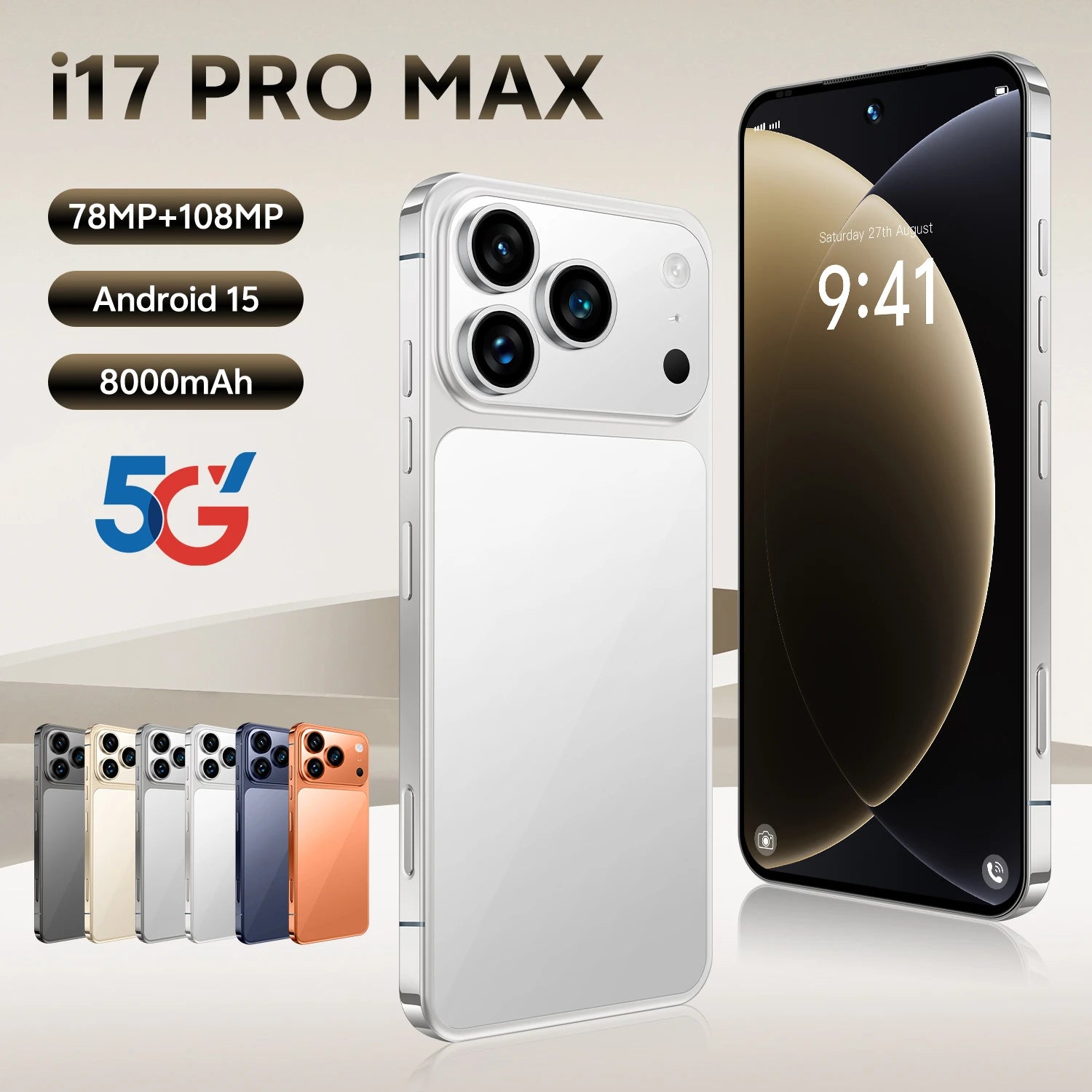 I17 Pro Max 5G Smartphone 16GB+1TB Flash Memory Metal Internal Frame 78MP Front Camera 108MP HD Rear Camera Face Unlock French
