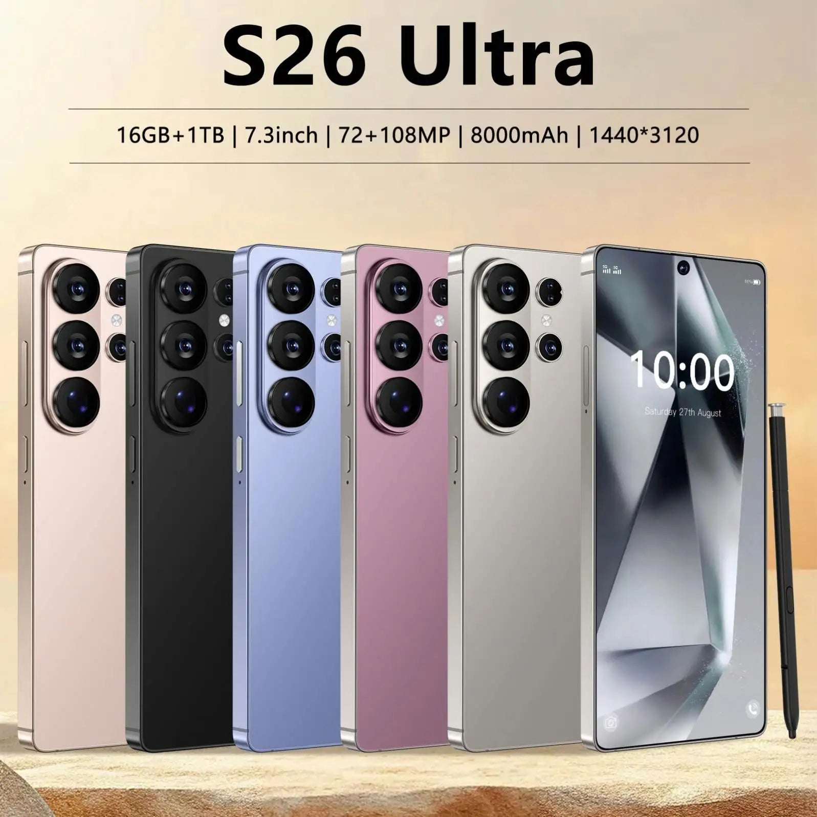 Original New S26 Ultra Smart 5G Smartphone 16GB+1TB Storage Android 15 7.3 Inch HD Screen Unlocked 4G+5G Connectivity 108MP Rear
