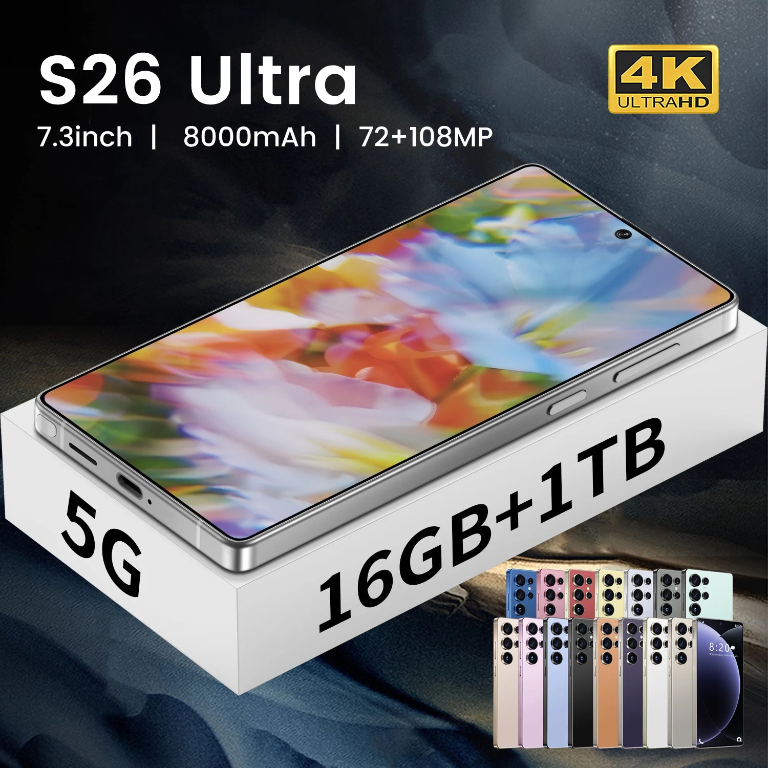 High Quality S26 Ultra 10-Core 5G Smartphone 16GB+1TB 7.3 Inch HD OLED 120Hz Screen Android 14 108MP Rear Camera Spanish 100W