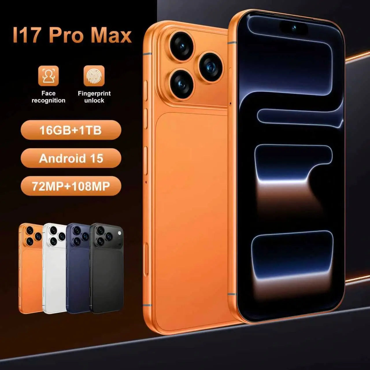 High-End I17 Pro Max Smartphone 5G Android Mobile 16GB+1TB 8000mAh Power 120Hz 7.3inch Big Screen Gray Cheap Phone