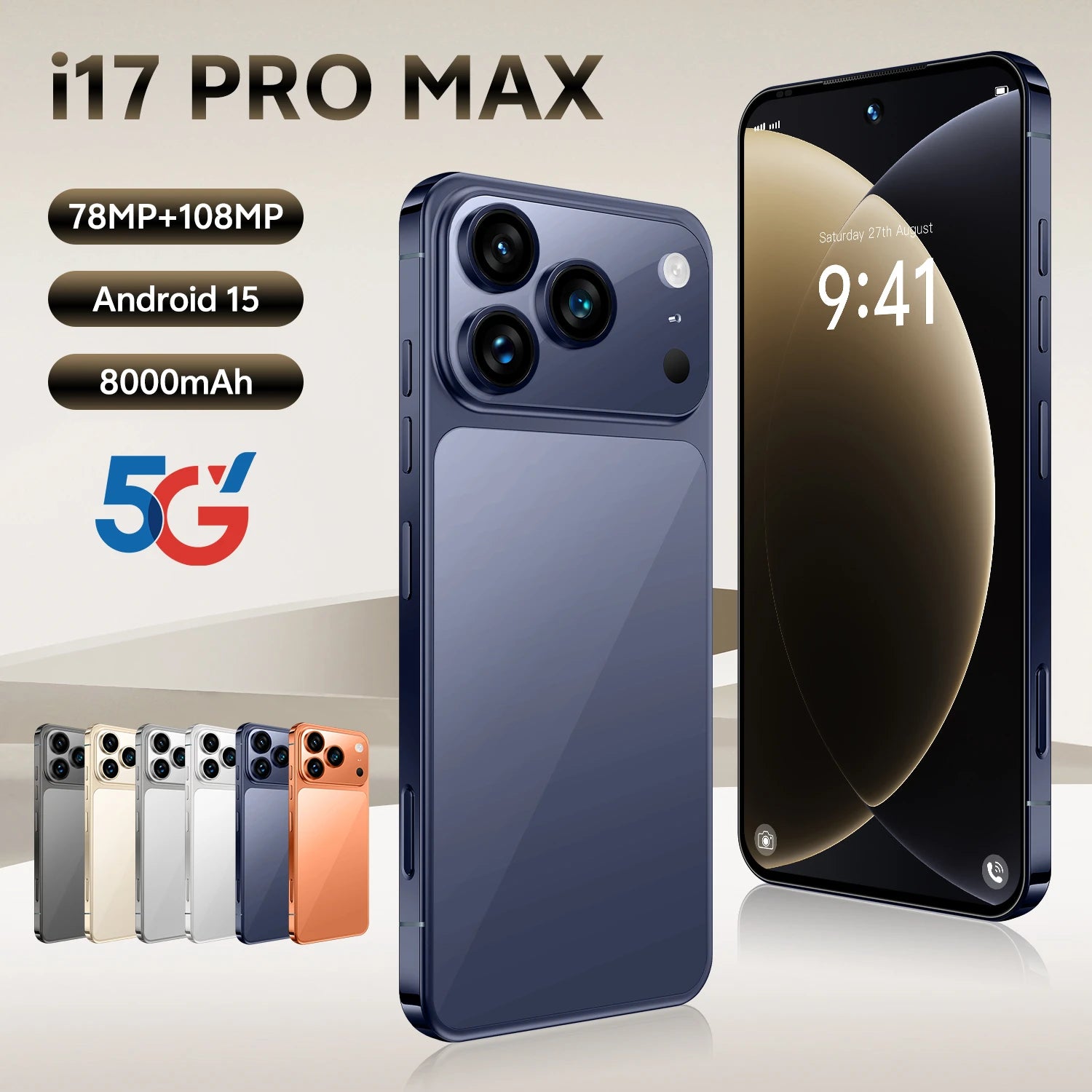 I17 Pro Max 5G Smartphone 16GB+1TB Flash Memory Metal Internal Frame 78MP Front Camera 108MP HD Rear Camera Face Unlock French