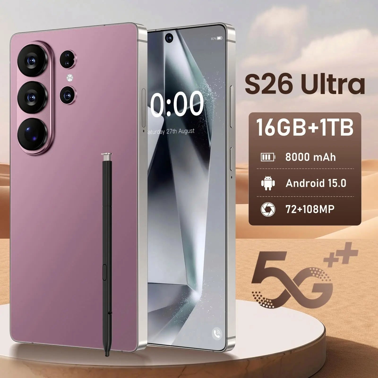 Original New S26 Ultra Smart 5G Smartphone 16GB+1TB Storage Android 15 7.3 Inch HD Screen Unlocked 4G+5G Connectivity 108MP Rear