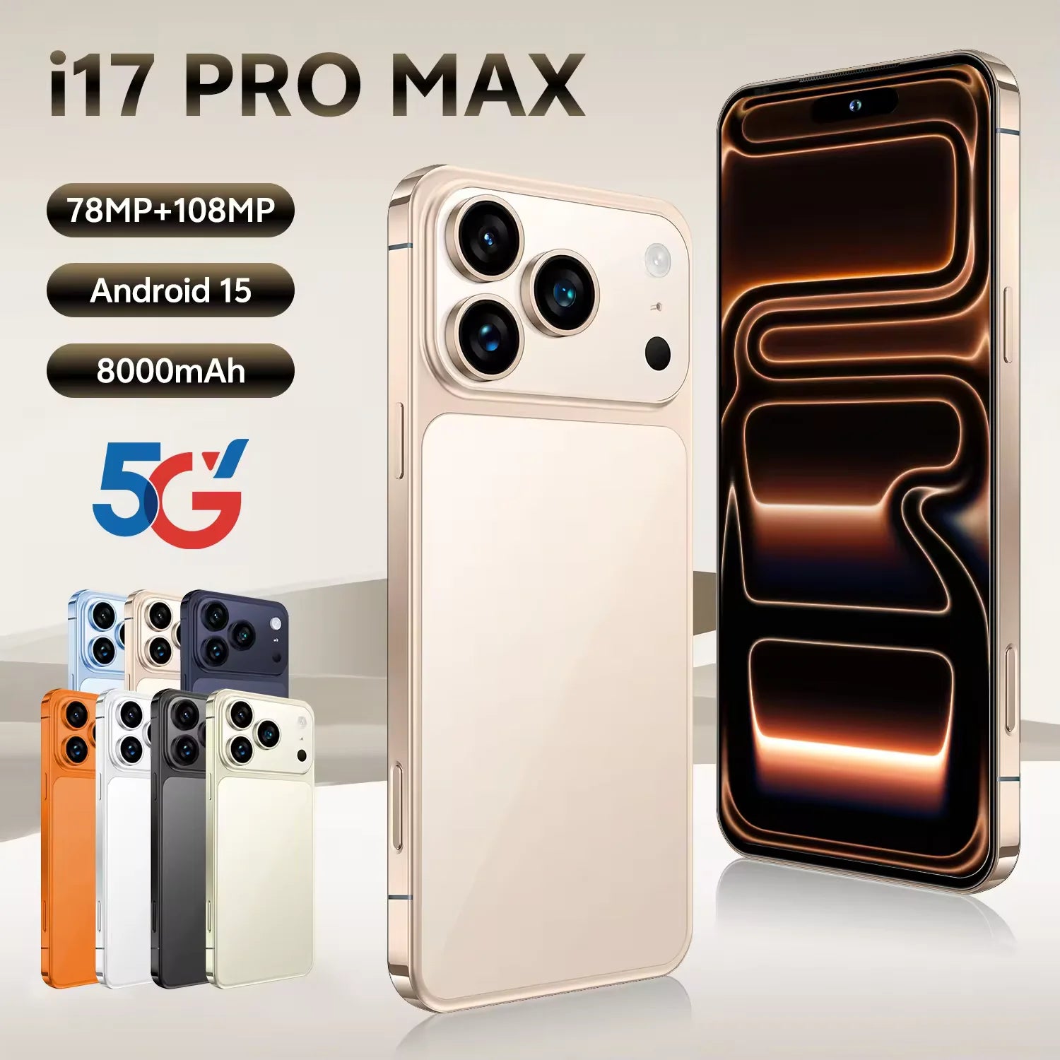 High-End I17 Pro Max Smartphone 5G Android Mobile 16GB+1TB 8000mAh Power 120Hz 7.3inch Big Screen Gray Cheap Phone
