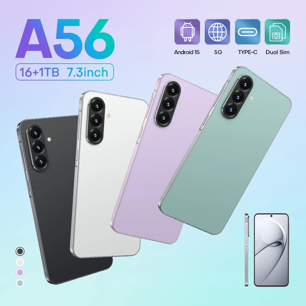 Global Version Unlock A56  5G Smartphone 7.3-inch Deca Core 1TB Storage 16G RAM CDMA LTE Cellular Dual SIM Card Mobile Phone