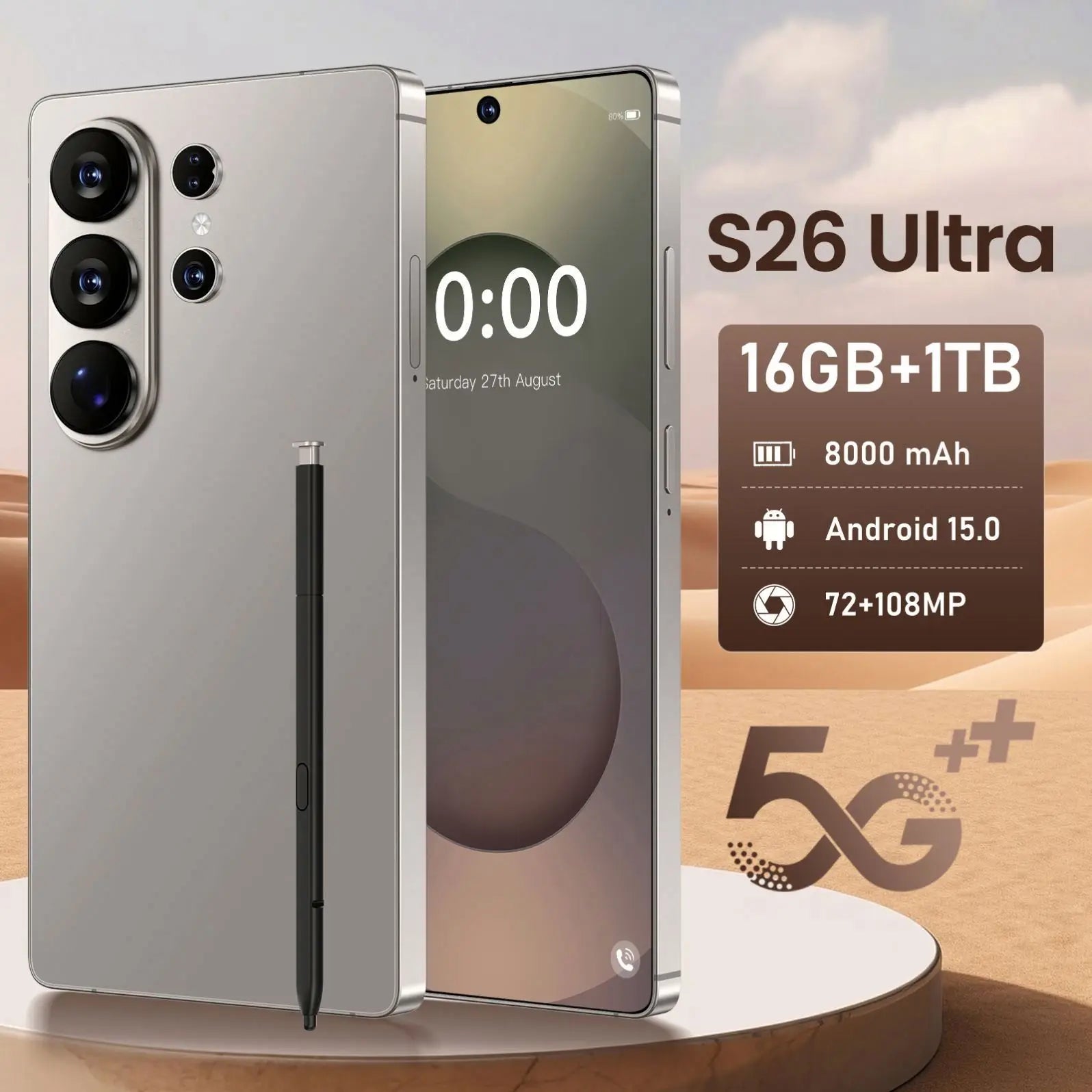 Original New S26 Ultra Smart 5G Smartphone 16GB+1TB Storage Android 15 7.3 Inch HD Screen Unlocked 4G+5G Connectivity 108MP Rear