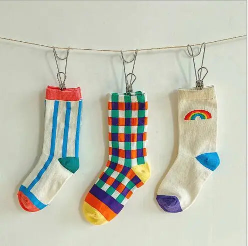 1-8 Year Autumn Boys and Girls Socks Rainbow Plaid Kids Socks