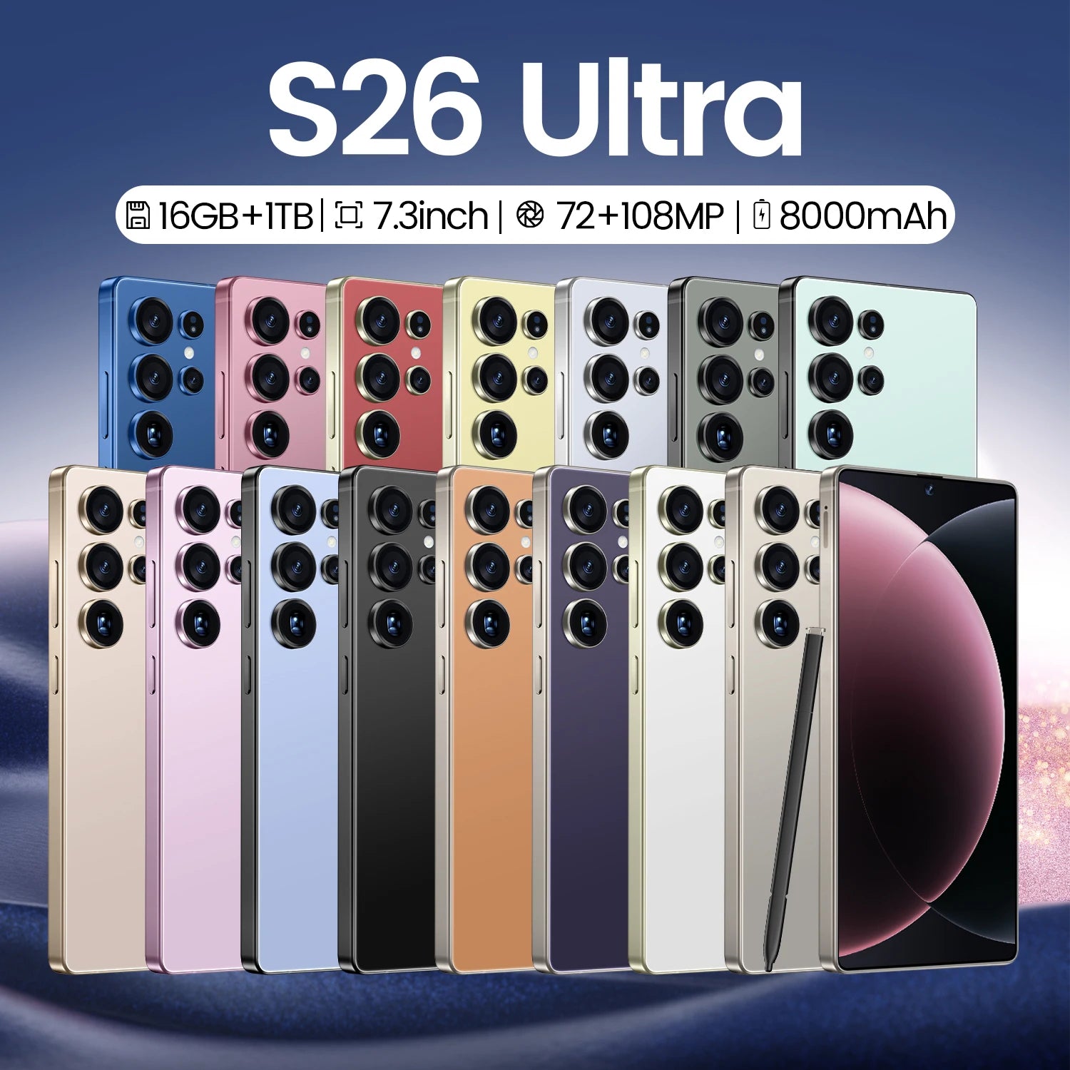 High Quality S26 Ultra 10-Core 5G Smartphone 16GB+1TB 7.3 Inch HD OLED 120Hz Screen Android 14 108MP Rear Camera Spanish 100W
