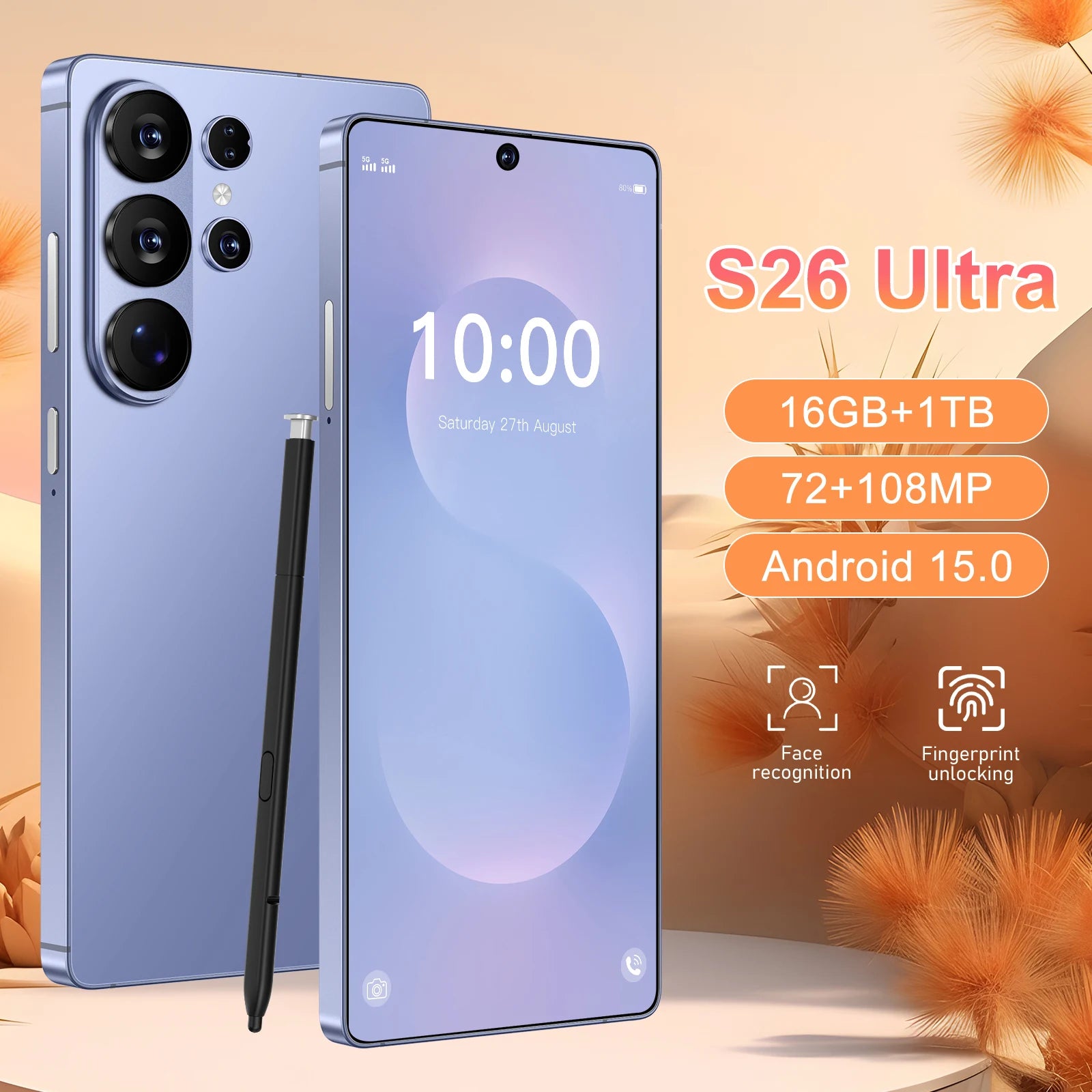 Original New S26 Ultra Smart 5G Smartphone 16GB+1TB Storage Android 15 7.3 Inch HD Screen Unlocked 4G+5G Connectivity 108MP Rear