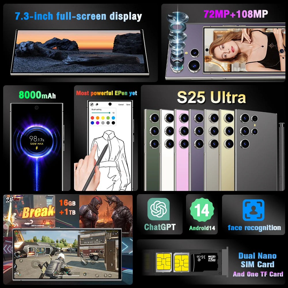 2025 New Arrival Sumsung S25 Ultra Phone Global Version Mobile Phone 16GB+1TB Android 13 Cellphones Unlocked Smartphone