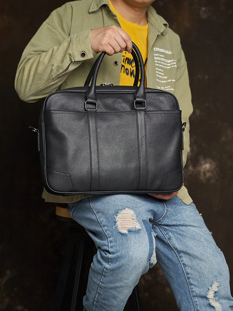 Genuine Leather Casual Men Handbag Man Briefcase Business Shoulder Large Capacity Crossbody 15.6 Inch Laptop Office Bags NUPUGOO