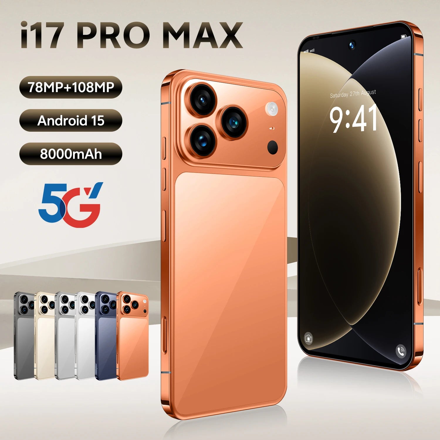 I17 Pro Max 5G Smartphone 16GB+1TB Flash Memory Metal Internal Frame 78MP Front Camera 108MP HD Rear Camera Face Unlock French