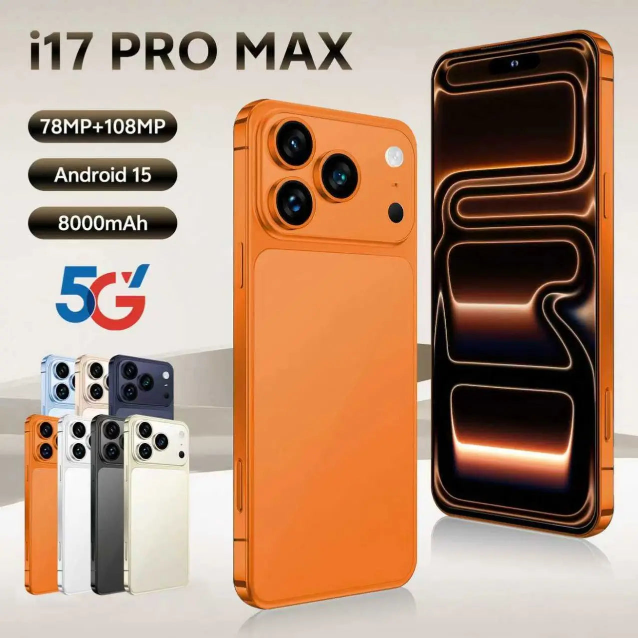 High-End I17 Pro Max Smartphone 5G Android Mobile 16GB+1TB 8000mAh Power 120Hz 7.3inch Big Screen Gray Cheap Phone