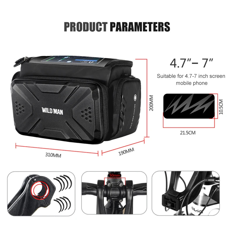 WILD MAN EVA Hard Shell Bicycle Handlebar Bag Touch Screen Phone Holder Electric Scooter Front Bag Crossbody Camera Pouch