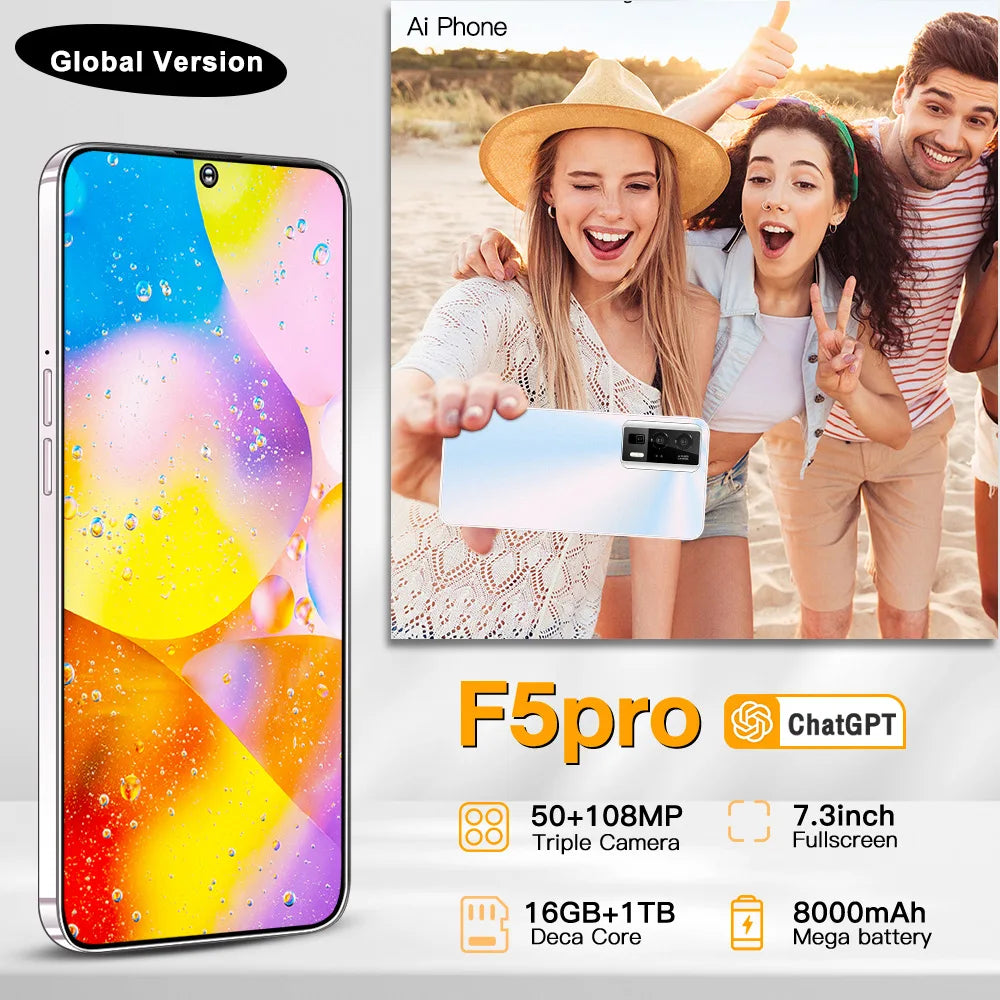 Hot Selling New F5pro 5G Smartphone 16+1TB HD Face Unlock Dual SIM High Gaming Performance 108MP Spanish Global LTE Connectivity