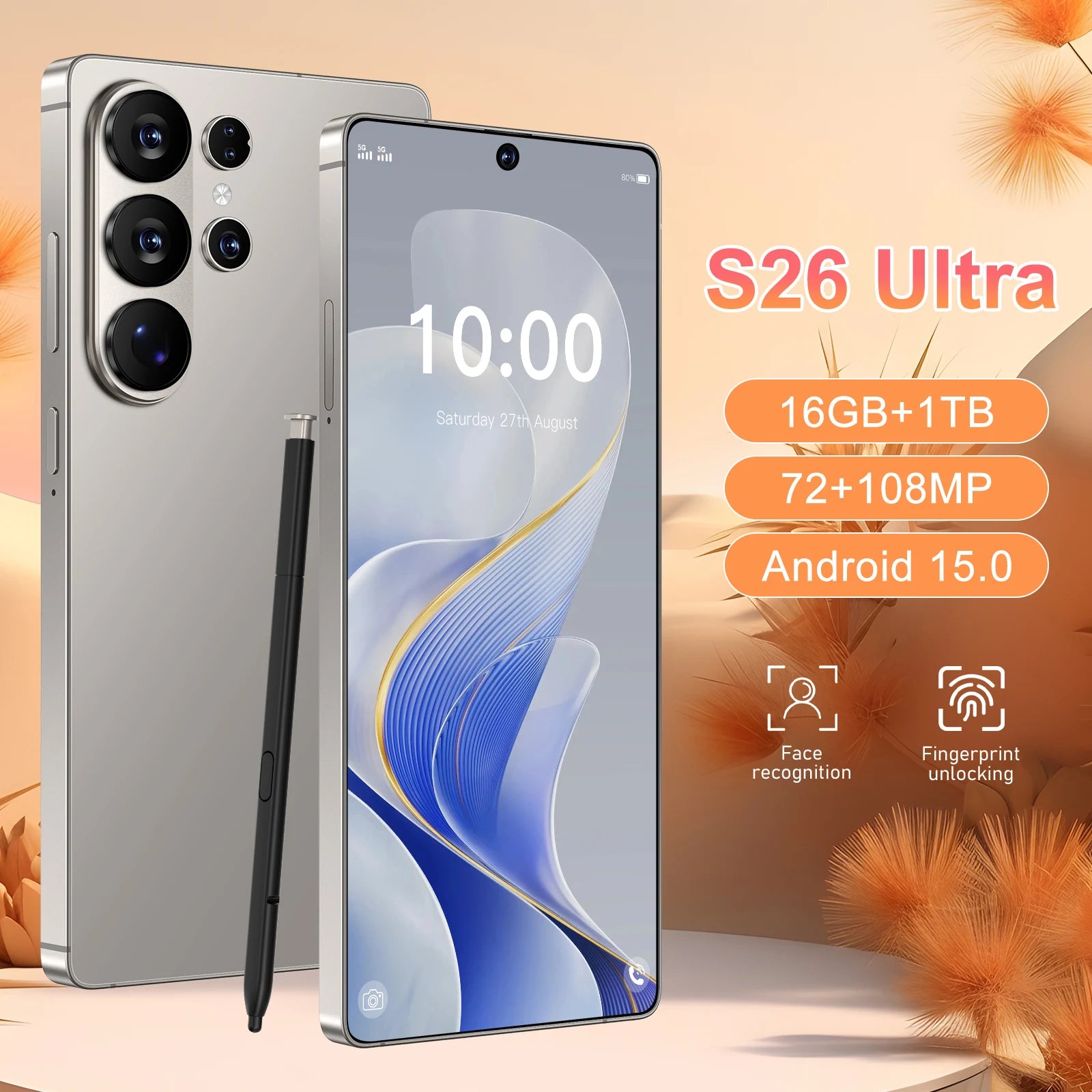 Original New S26 Ultra Smart 5G Smartphone 16GB+1TB Storage Android 15 7.3 Inch HD Screen Unlocked 4G+5G Connectivity 108MP Rear