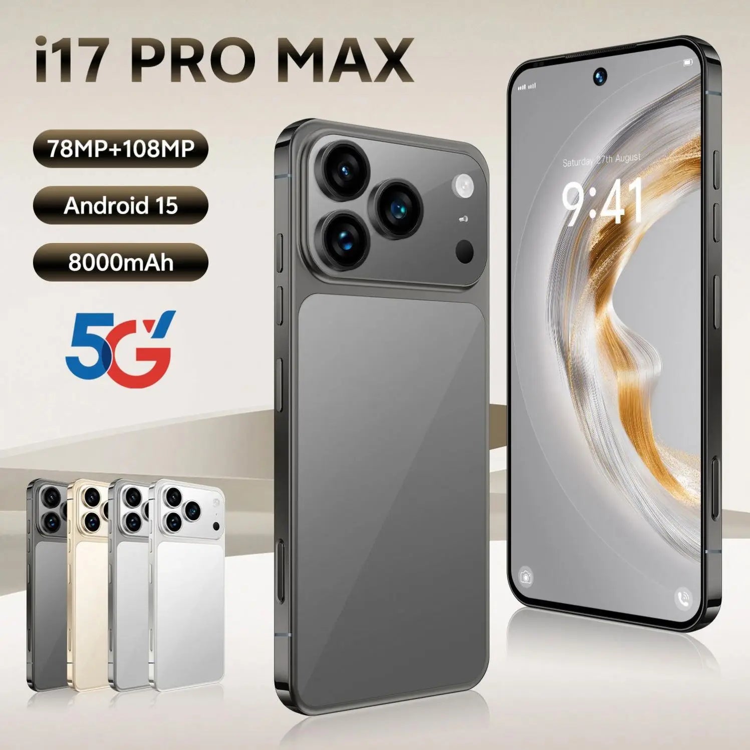 Gray I17 Pro Max Smartphone 16GB+1TB 8000mAh Large Battery 120Hz Refresh Rate 7.3inch Display Best Camera Phone 5g