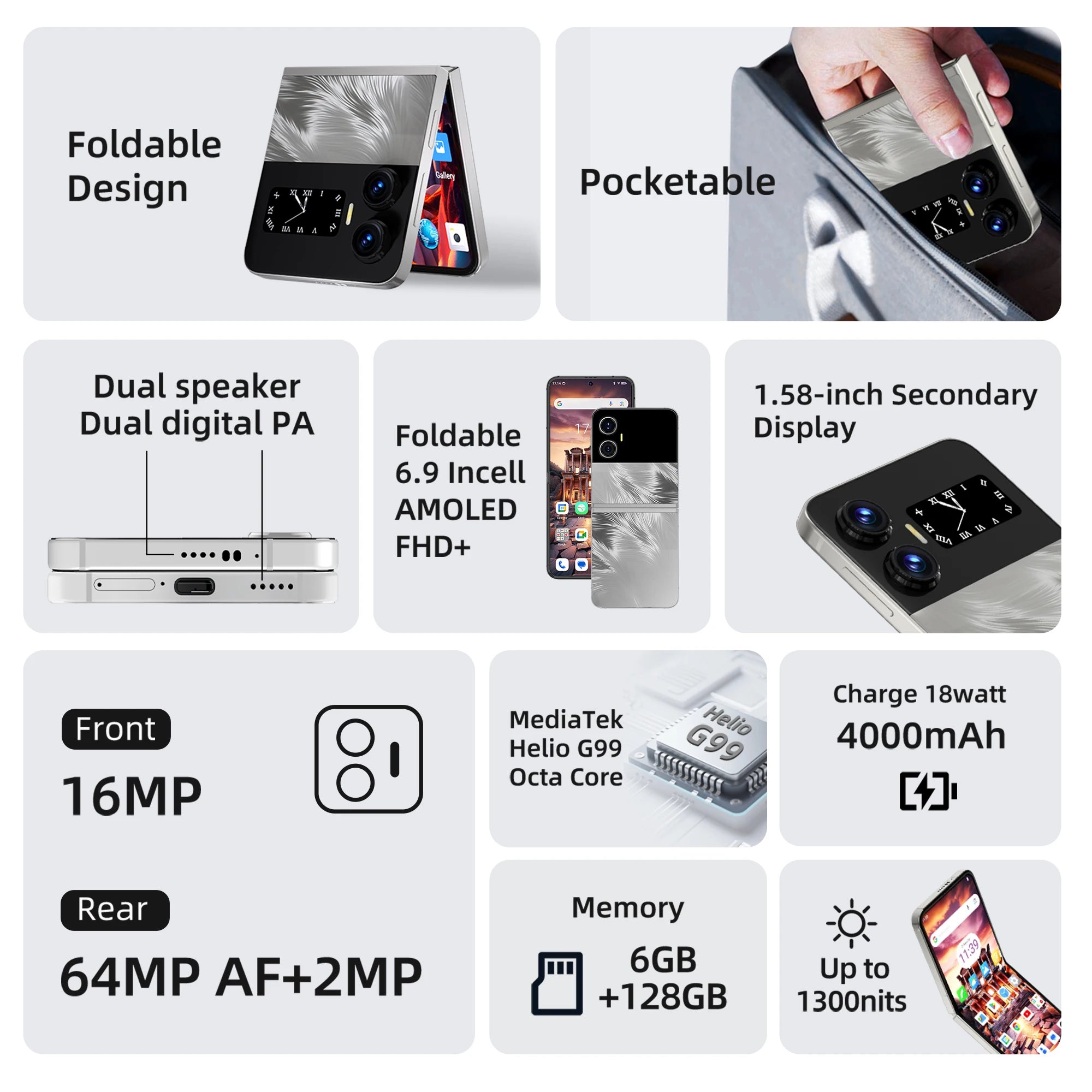 2026 New X6 Foldable Phone Android 15 6GB RAM 128GB ROM AMOLED FHD+ Screen 6.9 Inch Touch Panel Smartphone Android Phone