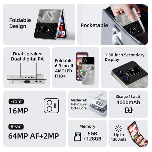 2026 New X6 Foldable Phone Android 15 6GB RAM 128GB ROM AMOLED FHD+ Screen 6.9 Inch Touch Panel Smartphone Android Phone