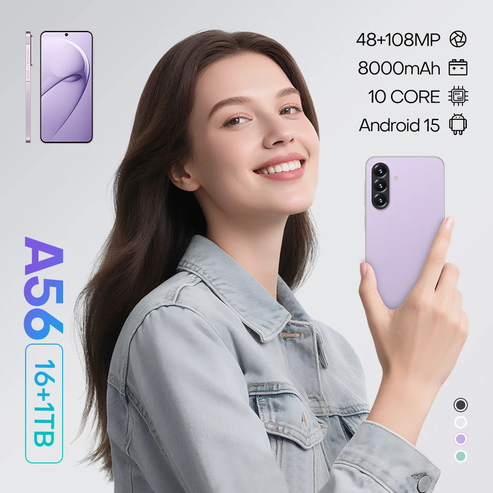 Global Version Unlock A56  5G Smartphone 7.3-inch Deca Core 1TB Storage 16G RAM CDMA LTE Cellular Dual SIM Card Mobile Phone