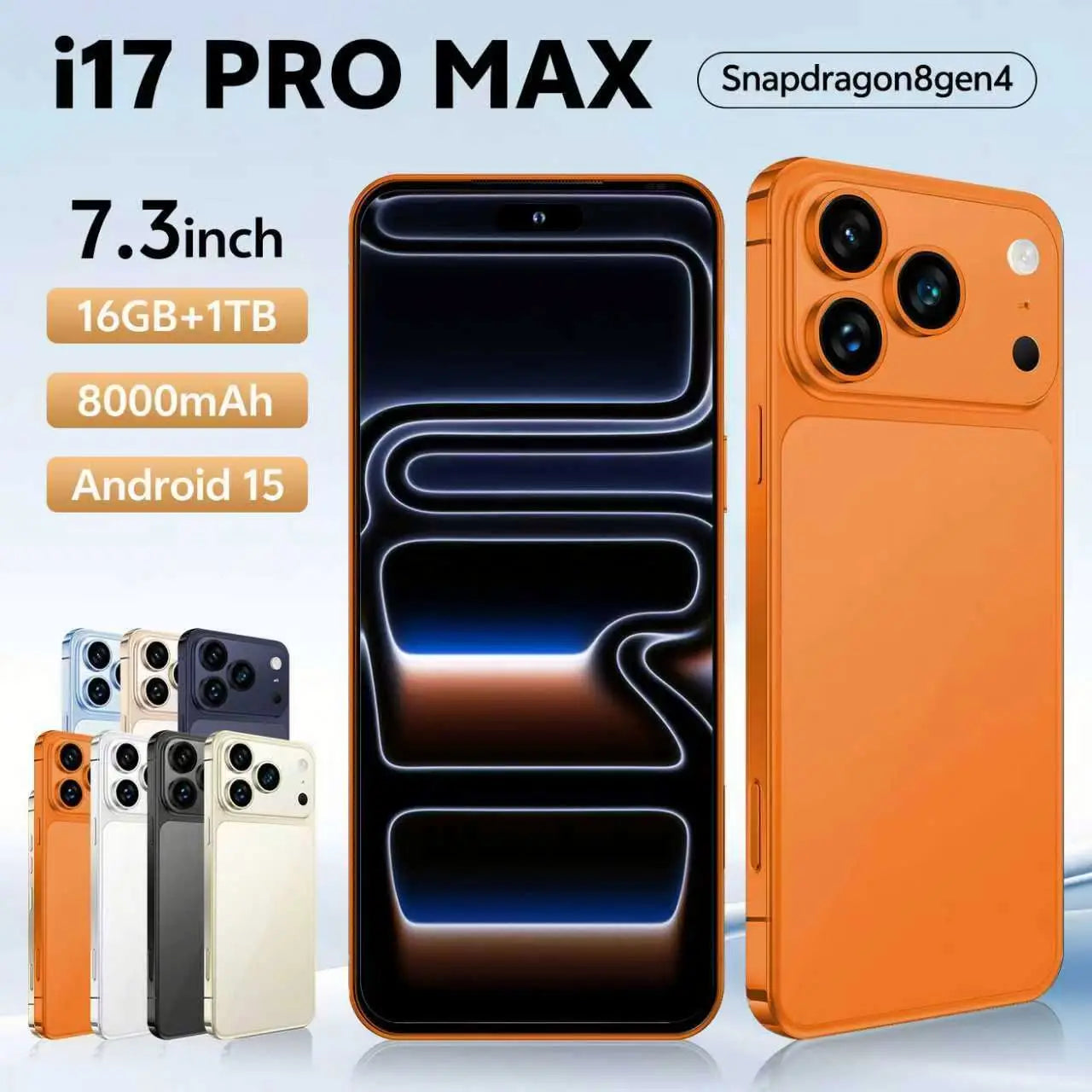 High-End I17 Pro Max Smartphone 5G Android Mobile 16GB+1TB 8000mAh Power 120Hz 7.3inch Big Screen Gray Cheap Phone