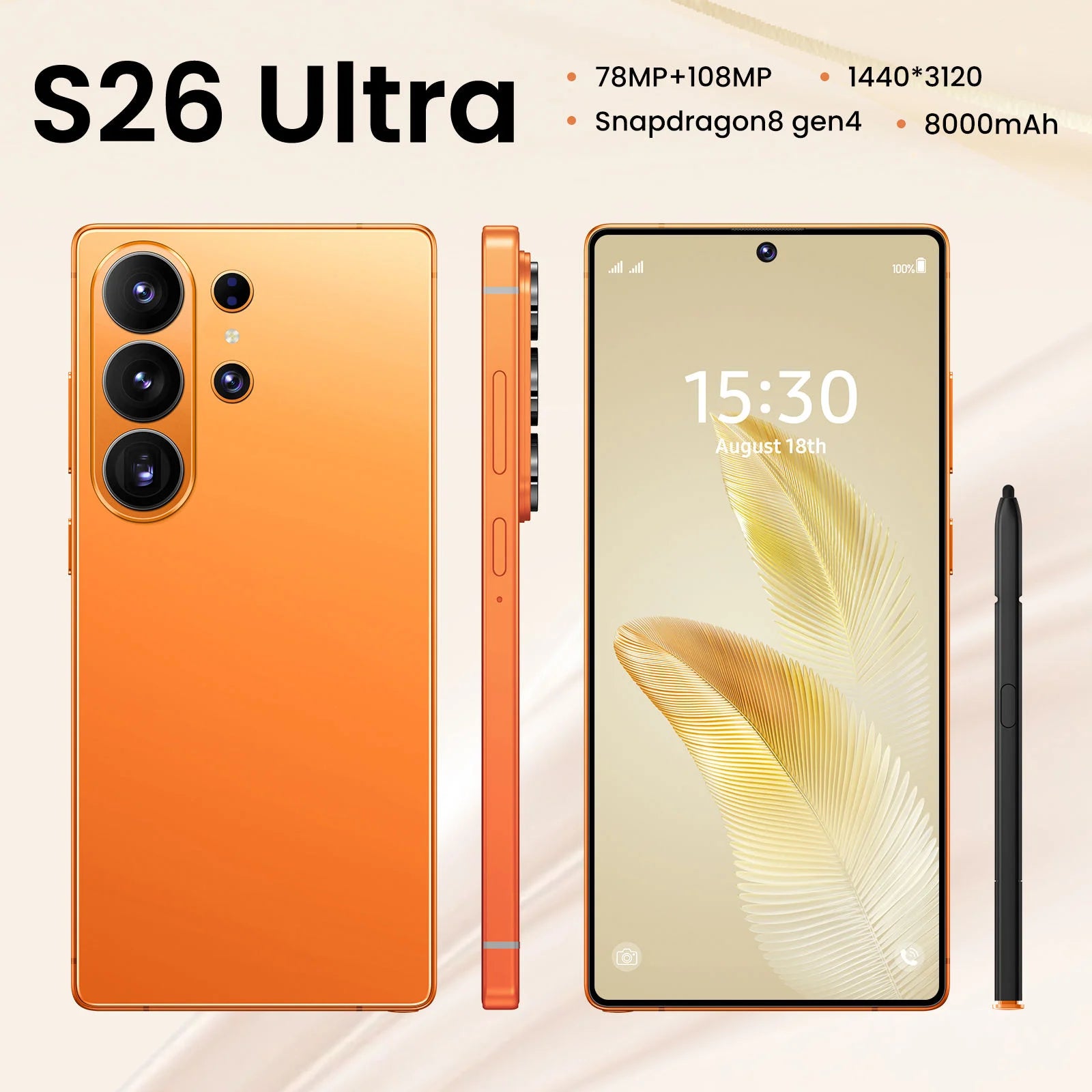 Original Unlocked S26 Ultra Smartphone 6.9 Inch Full HD Screen 8GB+256GB Android 14 108MP Rear Camera Face ID LTE Spanish