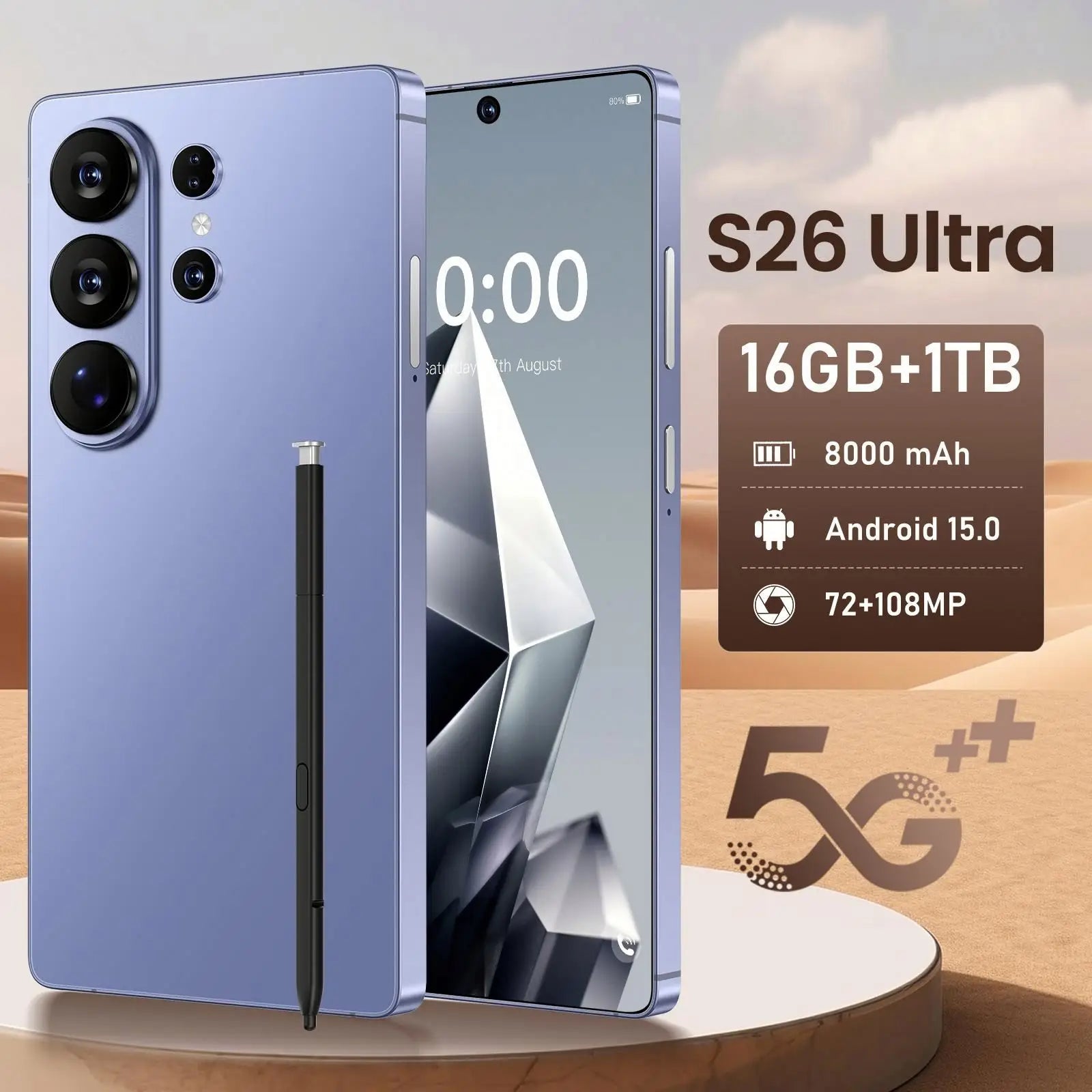 Original New S26 Ultra Smart 5G Smartphone 16GB+1TB Storage Android 15 7.3 Inch HD Screen Unlocked 4G+5G Connectivity 108MP Rear