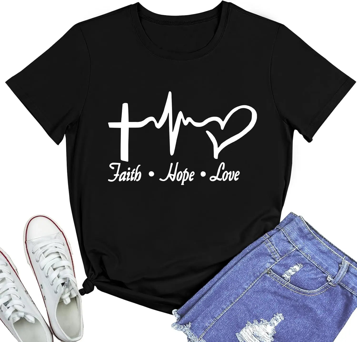 Cute Graphic T-Shirts for Women with Faith Design Crew Neck Short Sleeve
