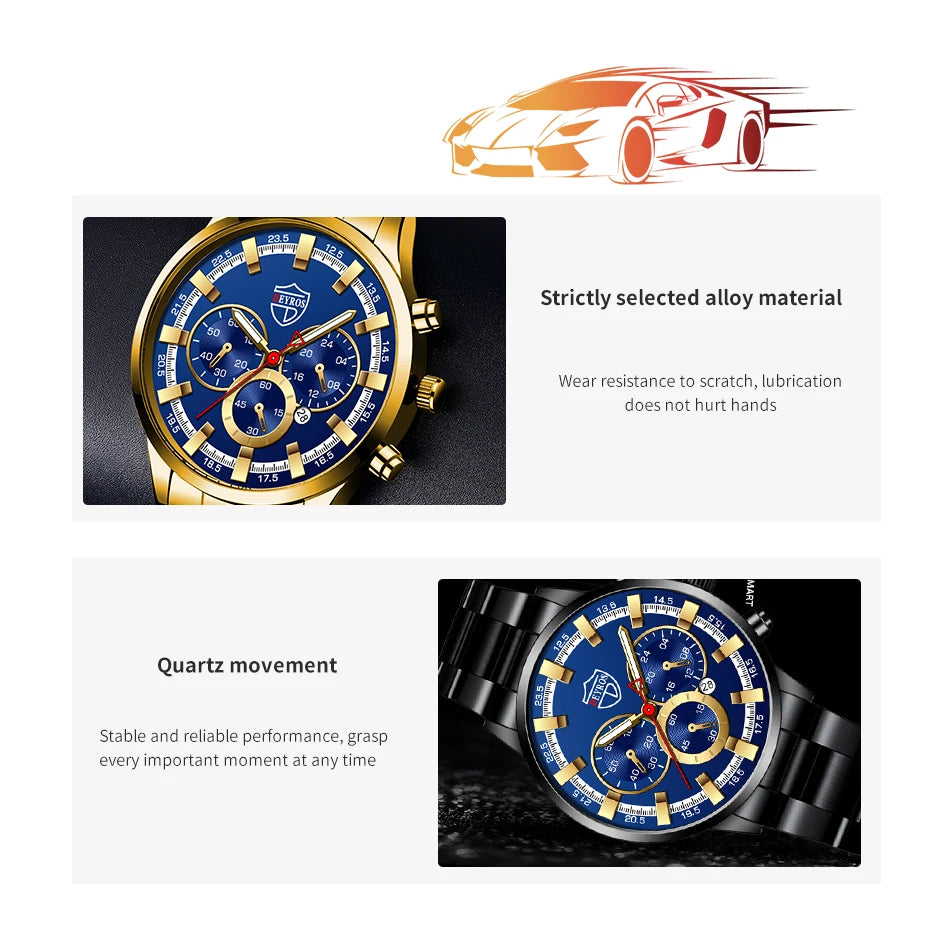 Fashion Mens Watches Luxury Men Sports Gold Stainless Steel Quartz Wrist Watch Man Business Casual Leather Watch часы мужские