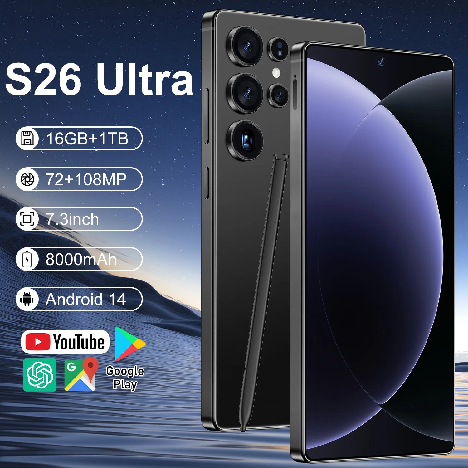 Hot Selling Android 14 S26 ultra Gaming Smartphone 16GB+1TB 7.3inch HD Screen 3G4G5G Compatible High Quality