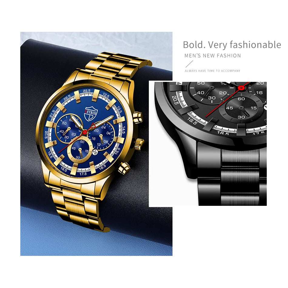 Fashion Mens Watches Luxury Men Sports Gold Stainless Steel Quartz Wrist Watch Man Business Casual Leather Watch часы мужские
