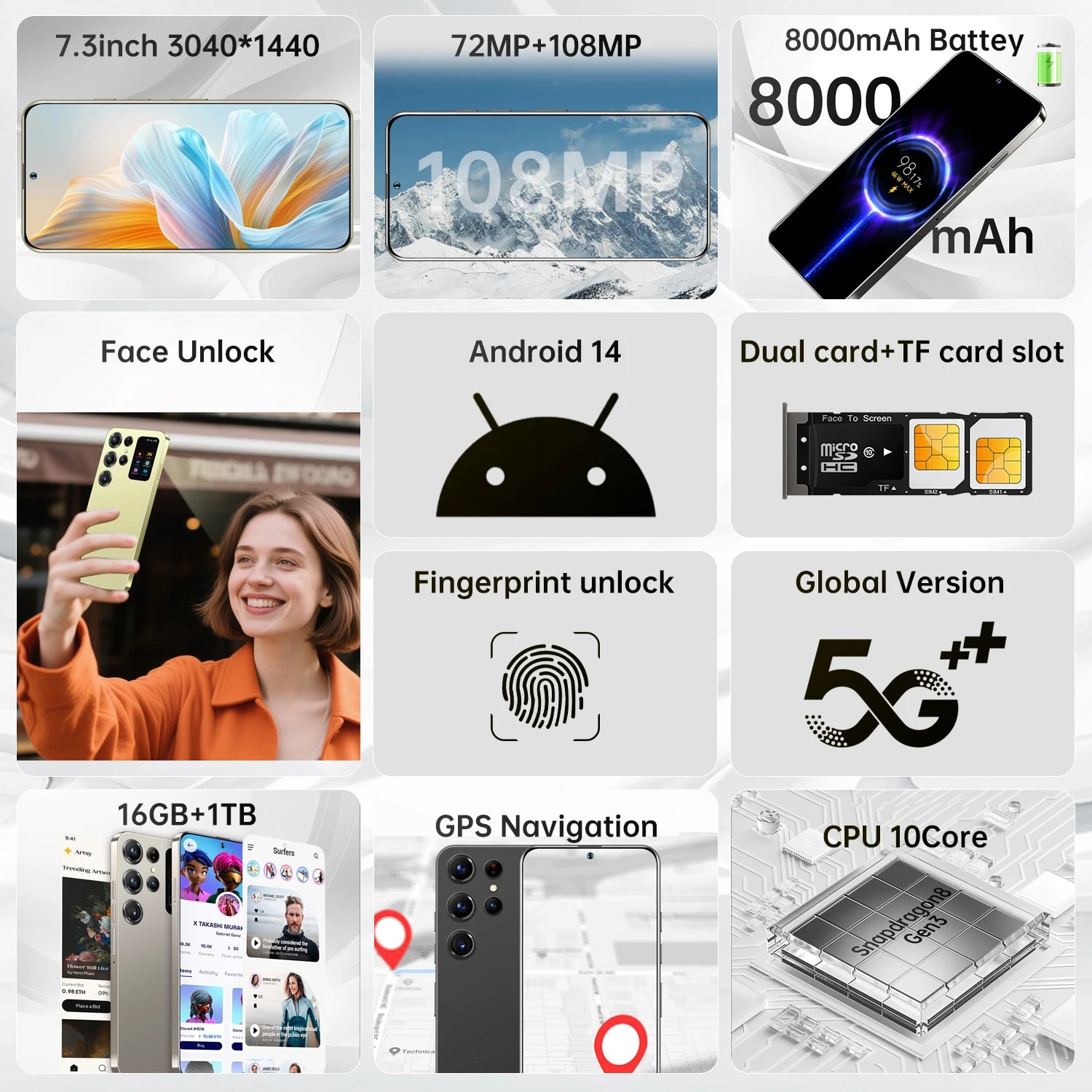 S25 Ultra 5G Smartphone 7.3" OLED HD Display 90Hz Deca Core CPU 108MP Rear Camera LTE CDMA 8000mAh