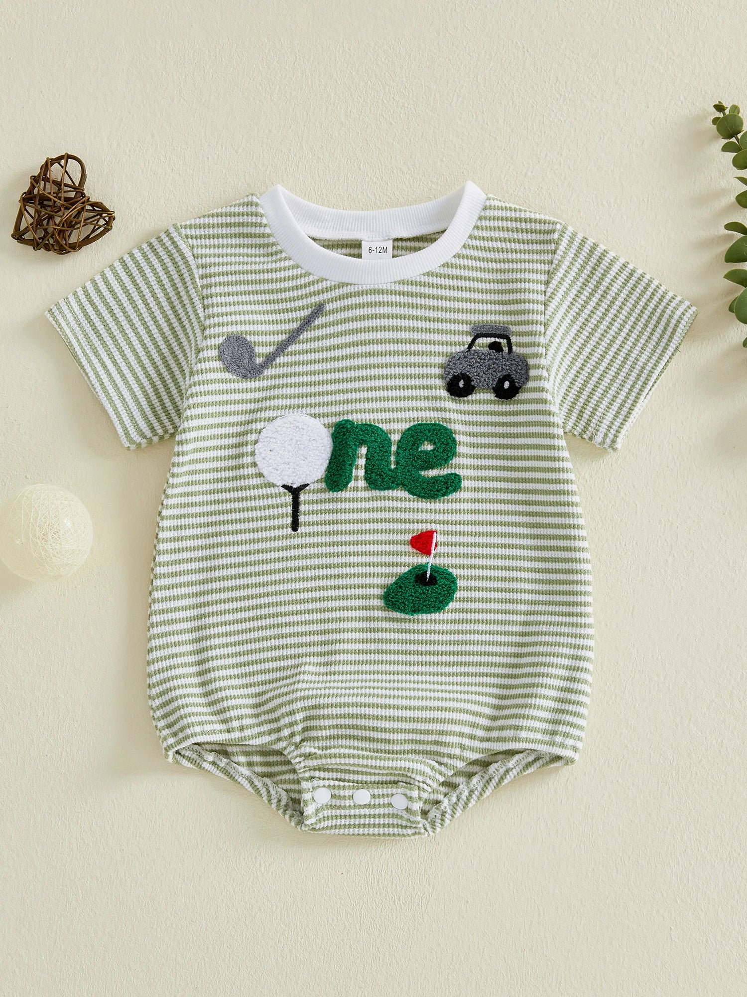 Adorable Baby Boy Romper with Fun Golf Embroidery Striped Design and Short Sleeves for a Stylish Summer Look
