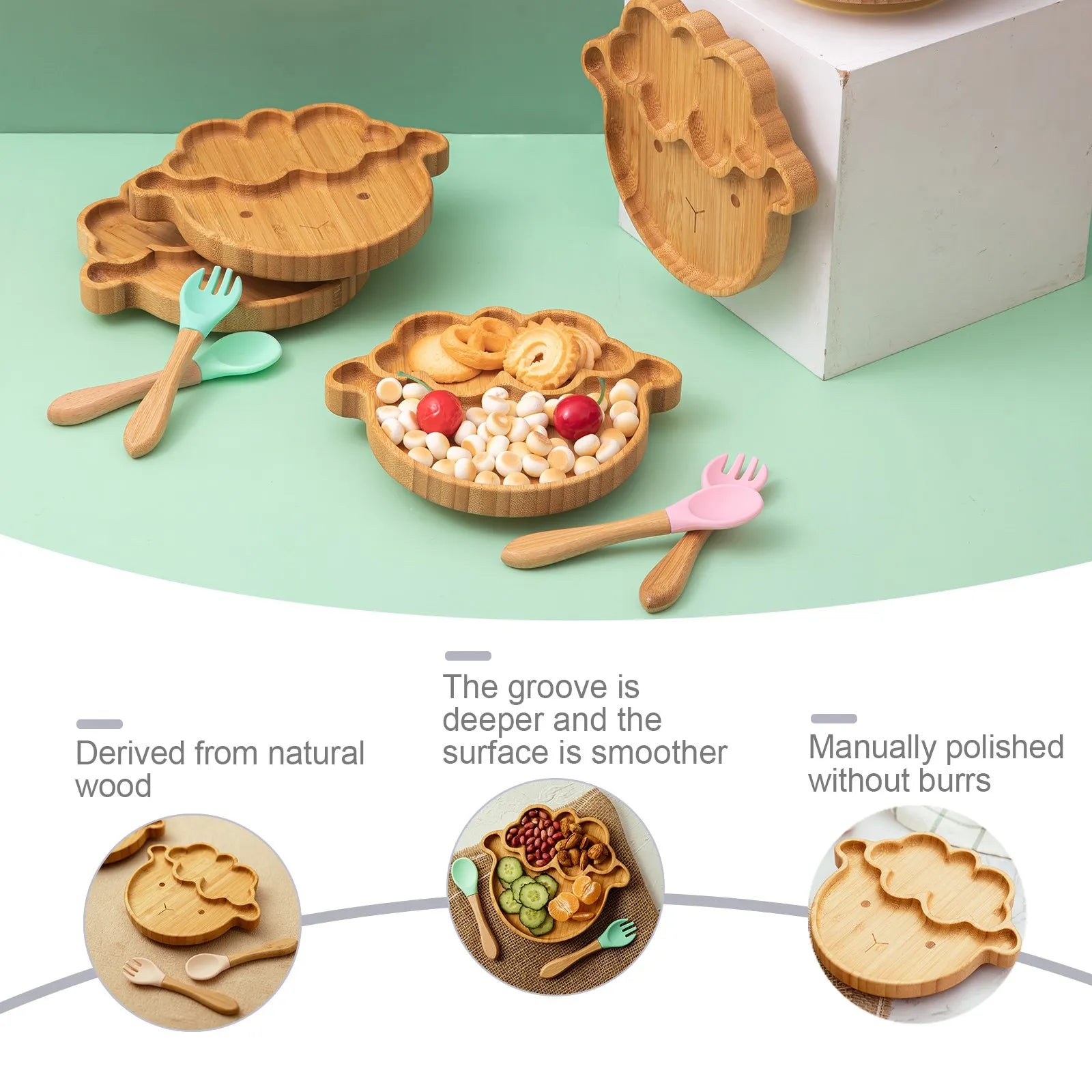 Baby Wooden Tableware Set Could Bamboo Wooden Plate Bowl Silicone Suction Wooden Handle Fork Spoon for Children Feeding Supplies