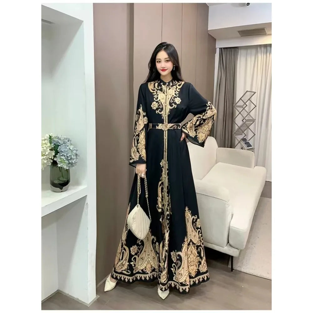 Eid Muslim Party Dress for Women Print Flare Sleeve Ramadan Abaya Belt Morocco Kaftan Vestidos Largos Dubai Robe Jalabiya 2026