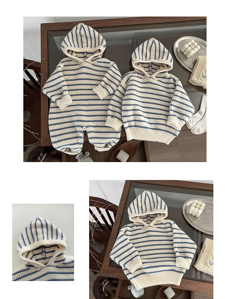 Ins Baby Clothing Korean Style Fashion Casual Soft Comfortable Knitwear Top Winter New Boys Girls Baby Thick Striped Romper