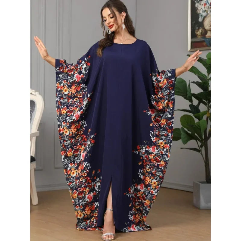 Eid Muslim Party Dress for Women Ramadan Abaya Bat Sleeve Print Long Robe Morocco Kaftan Vestidos Largos Dubai Jalabiya 2025