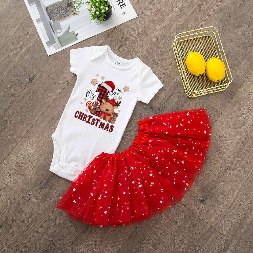 My 1st Christmas Print Baby Girls Cake Smash Dresses Outfits Newborn Xmas Party Tutu + Bodysuit Dress Set Infant Baptism Clothes
