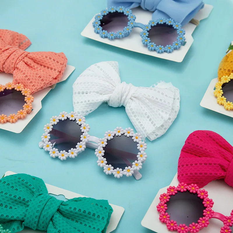 2Pcs Kids Sunglasses Headband Set Daisy Flower Round Toddler Sun Glasses Girls Sun Protection Eyewear