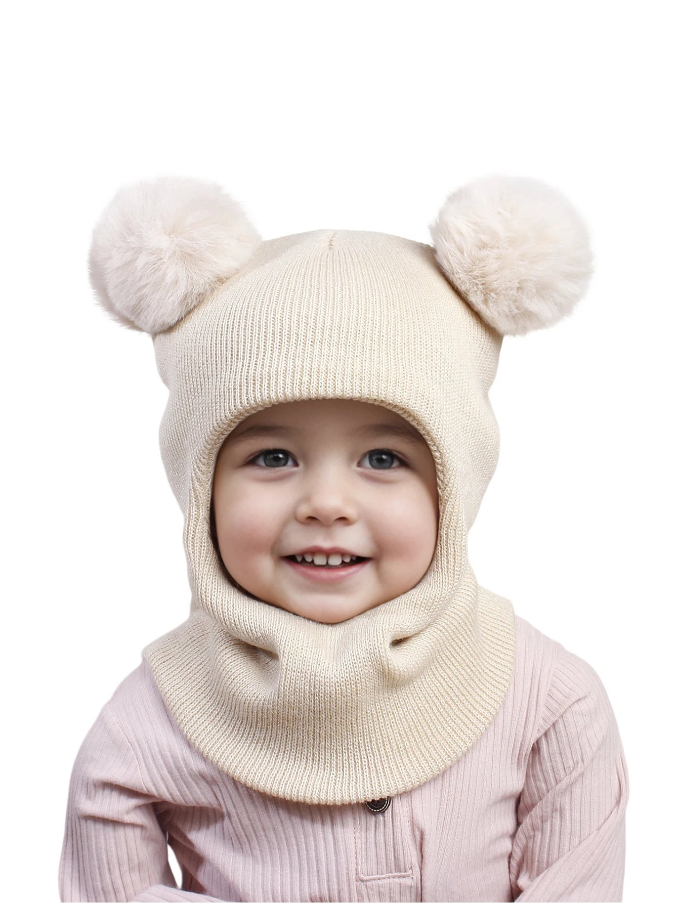 3-12Y autumn and winter double-ball pullover cap, children's double-ball ear-protecting one-piece cap, solid-color cute woolen o