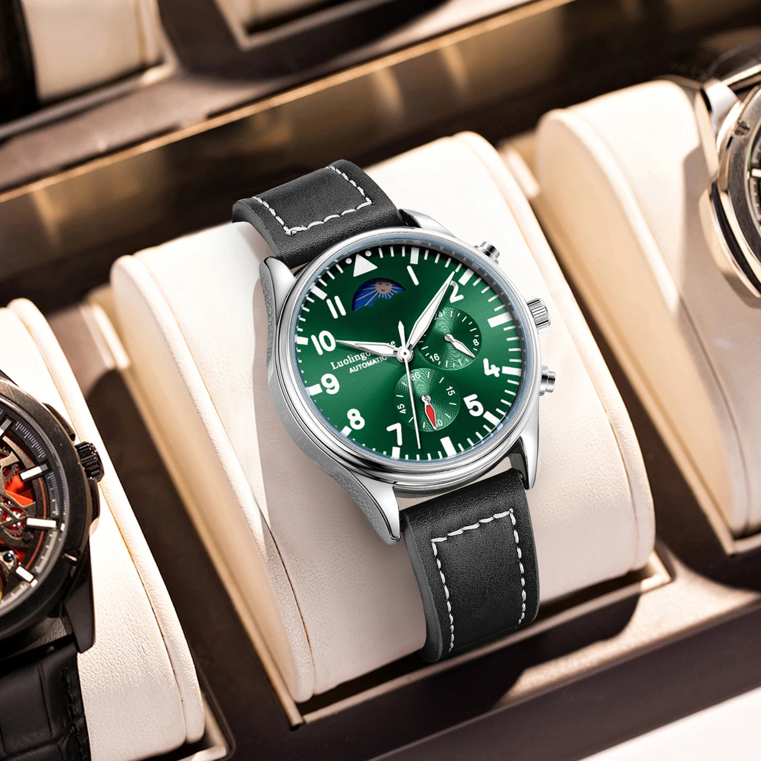 Luxury High-End Watch Series, Business Casual Men's Mechanical Watch, Automatic Winding, Round Dial, Multi-Function Display, Leather Strap, European and American Style, High Aesthetic Value, Light Luxury, Fashionable and Vers
