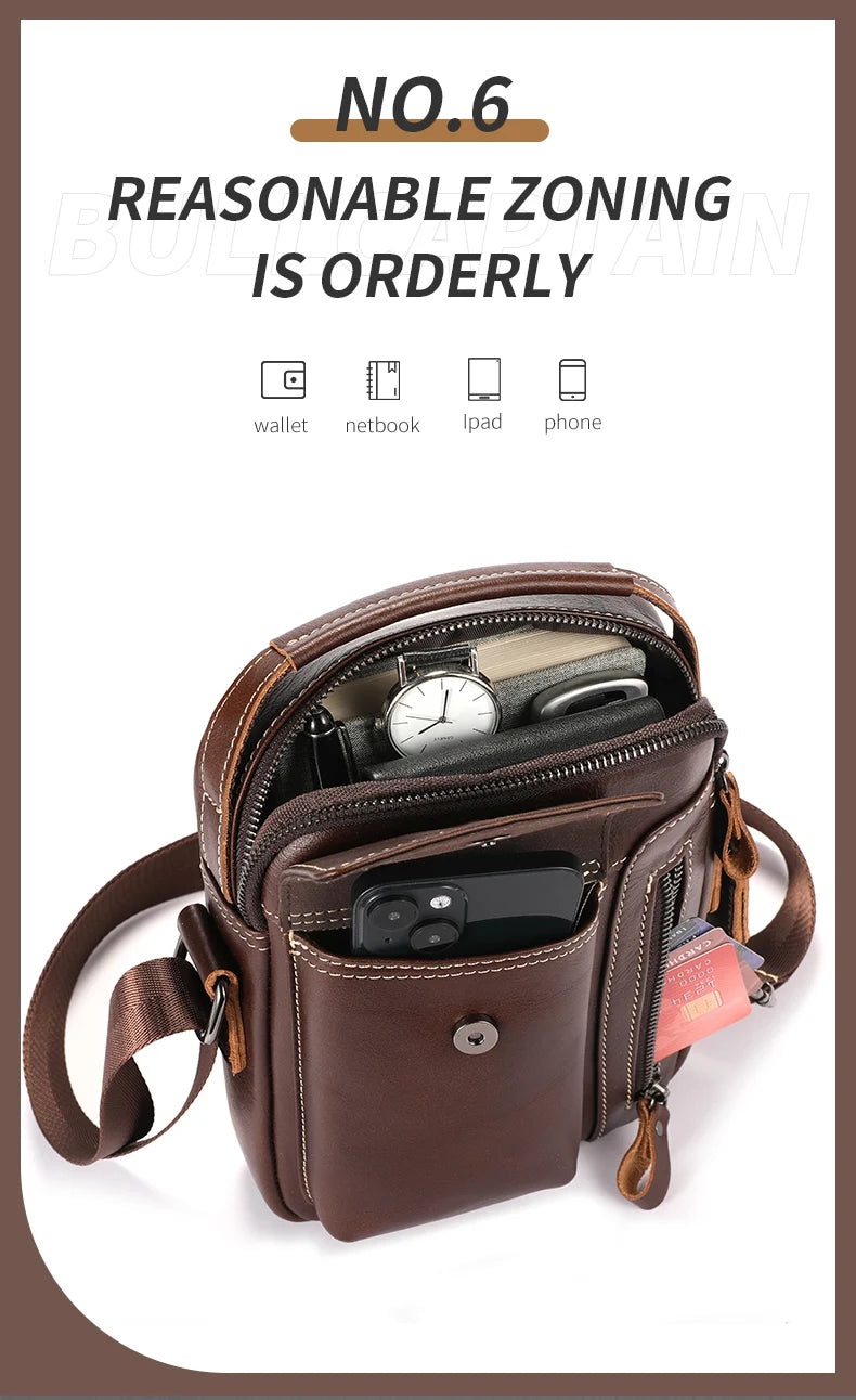 BULLCAPTAIN Casual Fashion Men's Messenger Bag's Business Portable Handbag Man Leather Shoulder Bag Mobile 6.5'' Phone Bags