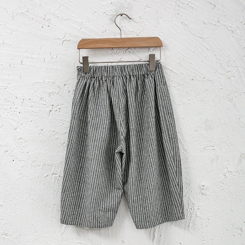 Kids Retro Striped Cotton Linen Pants – Comfortable Loose Fit Summer Trousers