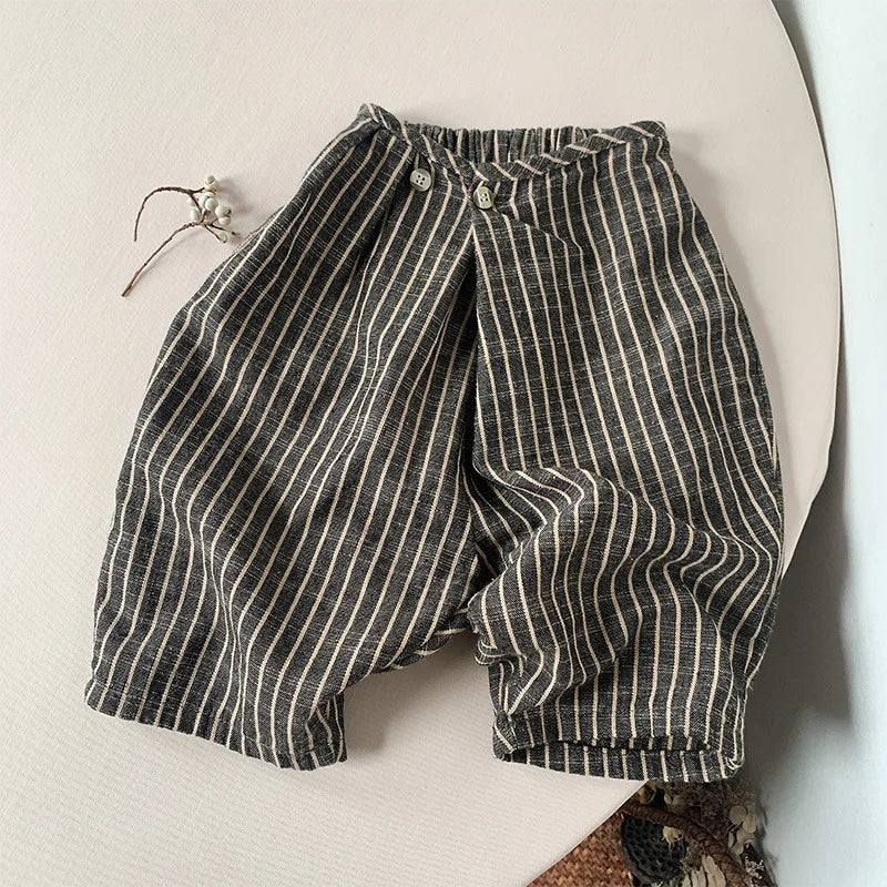Kids Retro Striped Cotton Linen Pants – Comfortable Loose Fit Summer Trousers