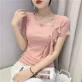 Summer Outfit Elegant Lrregular Slanted Collar Short Sleeve T Shirt For Women Ruffle Slim Clothes 2025 High Quality Tops Woman